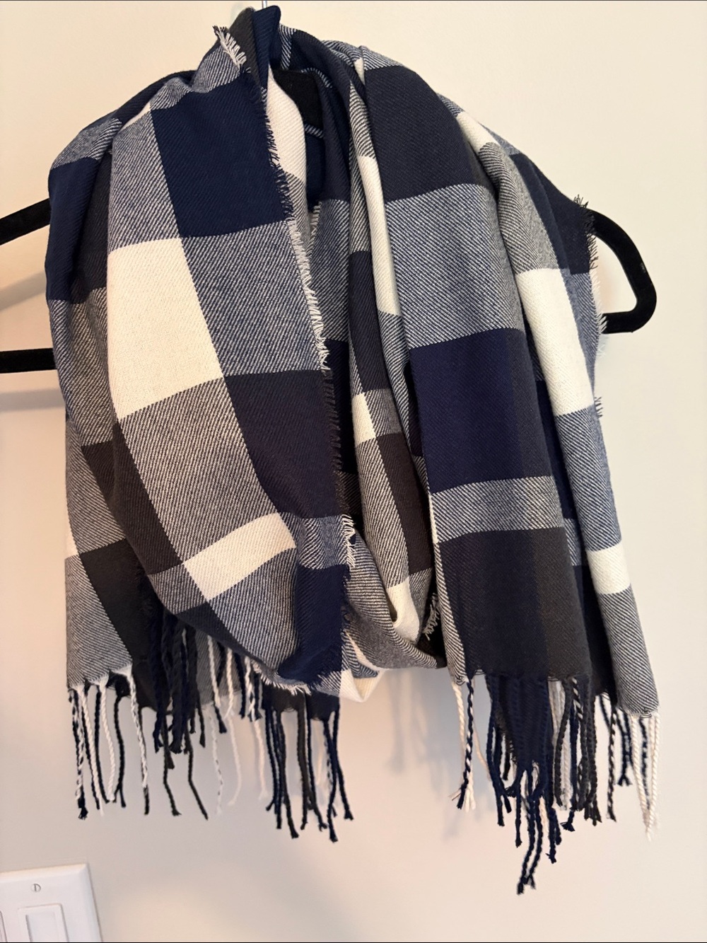 Navy and cream plaid scarf